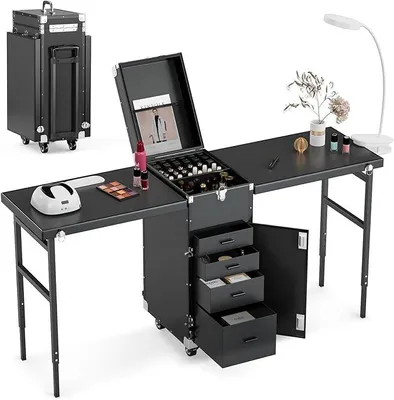 Produktbild von Tragbarer Nageldesign-Tisch, Klapptisch mit Rollen für Maniküre, Make-up-Koffer für Nageldesign-Kurse, 2 kleine Kosmetikwagen für den Schreibtisch, Schwarz