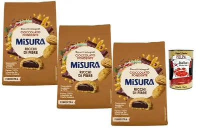 Produktbild von Italian Gourmet - Fibrextra, Vollkornkekse mit Zartbitter-Schokolade 70% – 3 x 260 g, ballaststoffreich, knusprige Frühstückskekse mit Schoko-Füllung, ideal zu Kaffee & Tee + Italian Gourmet Polpa