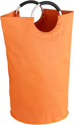 An orange laundry basket with silver and black handles against a white background.