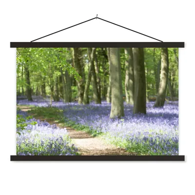 Produktbild von MuchoWow® Textilposter Wald - Weg - Blumen - Lila - Grün - Natur 90x60 cm mit schwarzem Rahmen - Aufhängungssatz