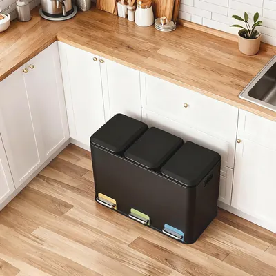 Produktbild von SONGMICS HOME Abfalltrenner mit 3 x 15L Inneneimern, Pedal-Mülleimer aus Stahl, Küche, Deckel, Schwarz