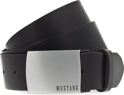 A black leather belt with a silver buckle is shown against a white background.