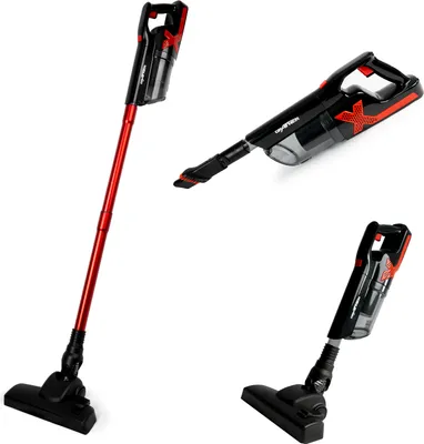 A collage of a cordless stick vacuum cleaner shown from different angles and configurations.