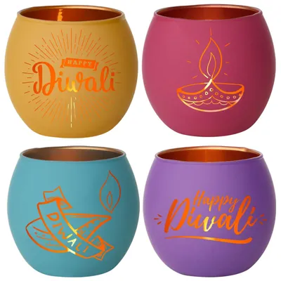 Teelichthalter-Set 4er, Glas, Diwali-Gravur, bunt, 6,2 cm