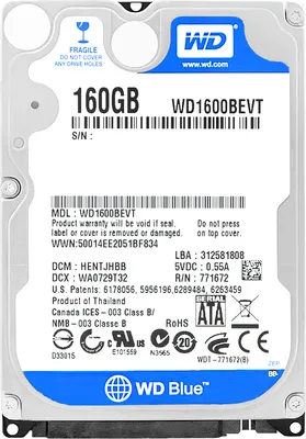 A close-up view of a Western Digital (WD) Blue 160GB hard drive, showing its label with product details and branding.