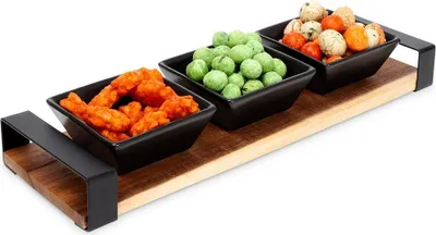 Produktbild von Excellent Houseware Keramikschälchen Schüssel Schale Schälchen Saucenschälchen Dipschälchen Servierschüssel Servierset Schüsselset mit Holztablett Schwarz 4-tlg.