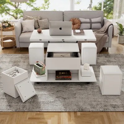 Produktbild von okwish Couchtisch Weiß Esstisch mit 4 Stuhl,wohnzimmertisch  – der Desktop kann 2 Tische öffnen, Große Kapazität, Wohnzimmermöbel, Büro