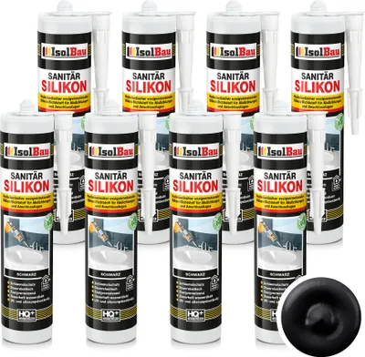 Produktbild von Isolbau Sanitär Silikon 8 x 300 ml Schwarz - Hochelastischer Silikon-Dichtstoff für Abdichtungen & Fugen – Schimmelresistent, wasserdicht -  Kartusche