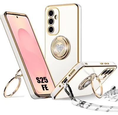 Image de Coque pour Samsung Galaxy S25 FE, Silicone Souple avec Cordon et Anneau Rotatif Brillant - Blanc