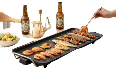Image de Grill électrique, puissance 1 500 W, tension 220 V, température réglable de 0 à 250 °C, dimensions 68 x 28 x 7 cm, convient pour 1 à 6 personnes