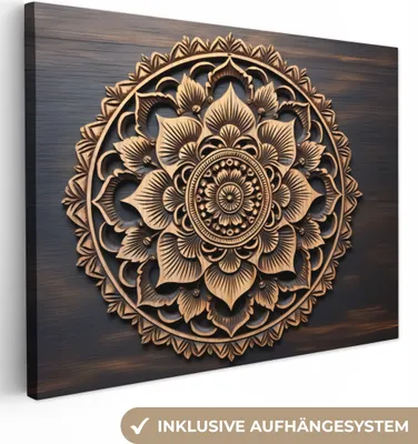 Produktbild von MuchoWow® - Leinwandbilder - Mandala - Holz - Blumen - Braun, Wandbild, Wanddeko Bilder Wohnzimmer, 120x90cm