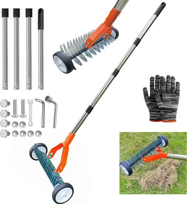 Produktbild von Manueller Rasenlüfter Roller mit Rädern,166cm Vertikutierer Kohlenstoffstahl,Moosentferner & Unkrautrechen mit 19 gebogenen Stahlzinken,Gartenrechen für Rasenpflege & Belüftung