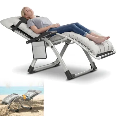 Produktbild von LZQ Gartenliege Klappbar bis 160 kg, Gepolsterter Liegestuhl mit Kopfkissen, Getränkehalter & Seitentasche, Stahlrahmen Relaxliege für Garten, Terrasse & Camping, Hellgrau