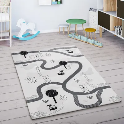 Produktbild von Kinderteppich Kinderzimmer Teppich Spielmatte Straßenteppich Rutschfest Weiß Grau Grösse 80x150 cm