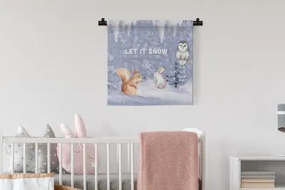 Produktbild von MuchoWow® Wandteppich Wandbehang Winter - Eichhörnchen - Eule - Hase 60x60 cm Tapisserie Dekoration Wandtuch - Dekorationen - Wand Decke