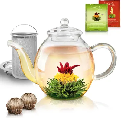 Produktbild von Creano Teekanne aus Glas 1,0l - inklusive 2 Teeblumen - Glasteekanne mit Integriertem Edelstahl-Sieb und Glas-Deckel, tropffrei