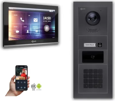Produktbild von Goliath IP Video Türsprechanlage 1-Monitor Zahlencode RFID Anthrazit : 10 Zoll in Schwarz : Aufputzdose : 4er POE
