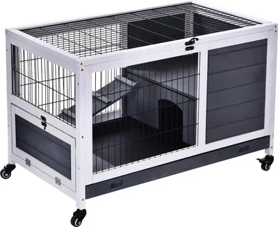 Image de PawHut Clapier lapin intérieur, cage lapin avec toit ouvrant, roulettes, plateau amovible et rampe, en bois, 90 x 53 x 59 cm, gris foncé et blanc