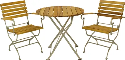 Produktbild von DEGAMO Gartengarnitur Bistroset Klappgarnitur PASSAU 3-teilig, Flachstahl grün + Robinie, klappbar (2x Klappsessel mit Armlehnen, 1x Klapptisch 77cm rund)