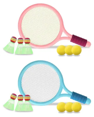 Immagine prodotto di Set di racchette per badminton e tennis Kinder, rosa e blu, composto da 2 racchette, 6 volani da badminton e 6 palline da tennis