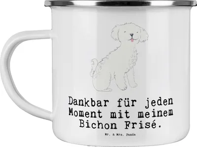 Produktbild von Mr. & Mrs. Panda Teebecher Bichon Frisé Moment - Weiß - Geschenk, Teetasse, Emaille Tasse, Kaffeepott, Becher, Pott