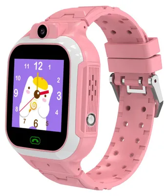 A pink smartwatch with a cartoon character on the screen, shown against a white background.