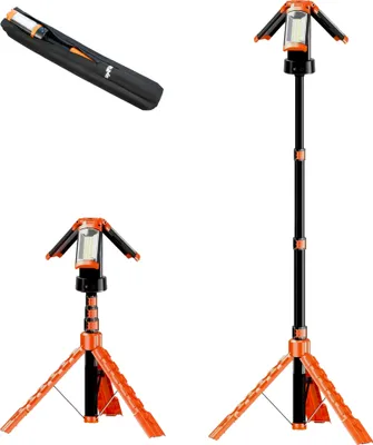A collage of a portable LED work light in different configurations: collapsed in a carrying case, fully extended on a tripod, and partially extended on a tripod.