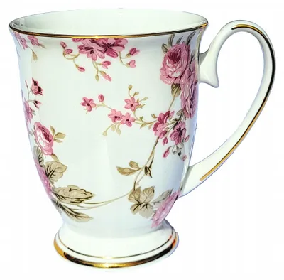 Zdjęcie produktu dla Porcelanowy kubek na nóżce 360ml elegancki złote detale kwiat na prezent