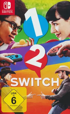The image is the cover art for the Nintendo Switch game '1-2-Switch'. It features stylized graphics and images of people playing the game.