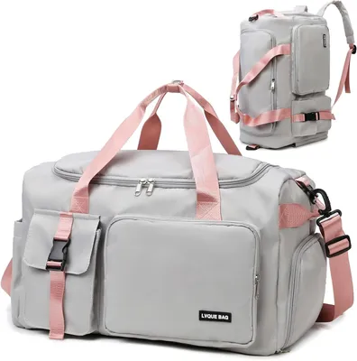 Produktbild von Sporttasche,42L Reisetasche(Grau/Rosa) mit Schuhfach Nassfach Wasserdicht Trainingstasche Travel Duffle Bag mit Rucksack Weekender Fitnesstasche