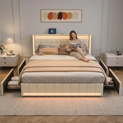 Produktbild von ProximaX Premium Doppelbett 180x200 cm mit LED-Beleuchtung & USB-Ladestation für das Hauptschlafzimmer, 4 Schubladen, Leinenstoff, Beige