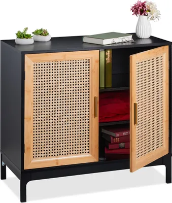 Obrázek produktu pro Komoda Relaxdays s ratanovým výpletem, VxŠxH: 76x80x39 cm, komoda do obývacího pokoje, 2 dvířka, MDF a bambus, černá/přírodní
