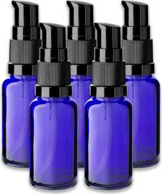 Produktbild von 5x Blaue Glasflasche 20 ml mit schwarzer Pumpe Dispenserpumpe für Öl
