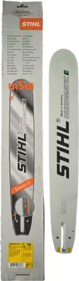A Stihl chainsaw bar and its packaging are shown side-by-side against a white background.
