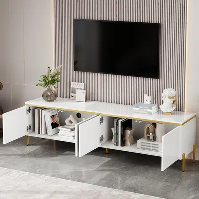 Produktbild von okwish Moderner TV-Schrank Vier Schranktüren,Lowboard mit Stauraum,Wohnzimmerschränke Goldkantenband,TV-Lowboard für das Wohnzimmer,Weiß