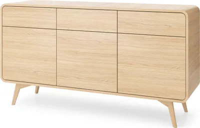 A light wood sideboard with three doors and rounded edges, shown from a front-side angle on a white background.