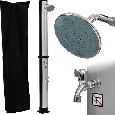 A collection of outdoor shower components, including a shower cover, a solar shower column, a shower head, and a faucet.