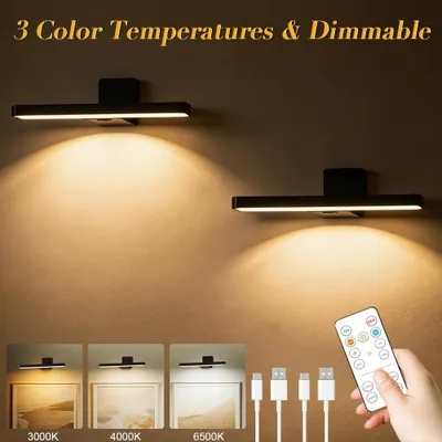 Produktbild von 2er-Set LED-Bilderleuchten mit Fernbedienung, 3000–6500 K, 3000 mAh Akku, USB-C, 180° schwenkbar, dimmbar, kabellos