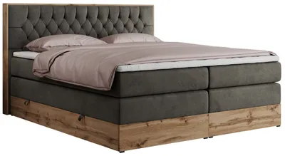 Produktbild von MKS MEBLE King Boxspringbett 180x200 mit Bettkasten Eiche, Polsterbett 180x200 mit Matratze H3, Bett 180x200 mit Kopfteil, Bett mit Holzrahmen in Wotan Eiche - Dunkelgrau Velvet - Amore King