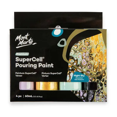 Produktbild von Mont Marte SuperCell® Pouring Acrylfarbe Set, Gieß-Acryl, je 4 x 60 ml, Farbe NIGHT SKY, Untereinander vermischbar & bereits mit Medium vorgemischt