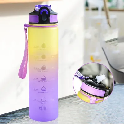 Produktbild von Trinkflasche 1000 ml Auslaufsichere Sportwasserflasche mit Zeitmarkierung, Mattierter Wasserbecher, Outdoor Fitness Wasserflaschen, Bunte Farbverlauf Trinkflasche (Farbverlauf Lila)
