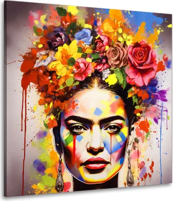 Produktbild von Frida buntes Portrait mit Blumen Pop Art Leinwandbild Wandbild Wanddeko: 100x100x4cm
