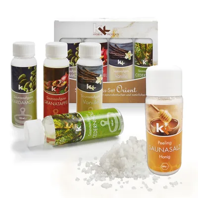 Produktbild von KK Saunaaufguss Set Orient Saunakonzentrat 4 x 100 ml/Flasche + 200g Sauna Salz
