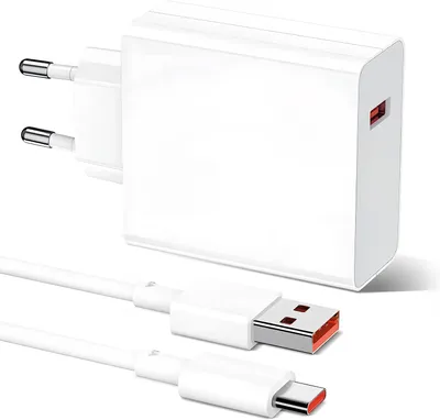 A white USB charger and a white USB-C cable are displayed on a white background.