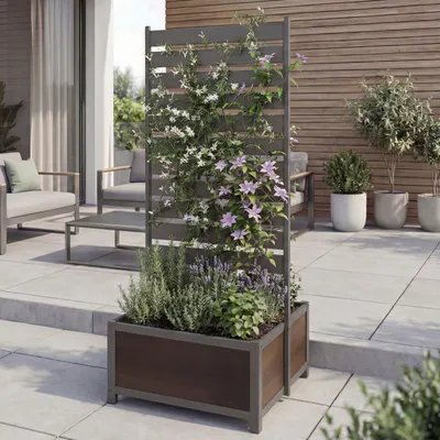 Produktbild von Aluminium Beet mit Rankgitter MCW-P97, Blumenkasten Pflanzkübel Spalier, 110x60x75cm  grau