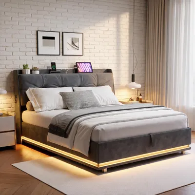 Produktbild von INONEFT Stauraumbett Boxspringbett 140x200cm mit LED und USB-Ladegerät,Hydraulischbett mit Bettkasten, Polsterbett mit Stauraum/Lattenrost, Samt, Grau