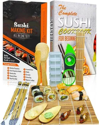 Produktbild von Sushi-Maker-Kit mit Geschenkbox, 2 Bambus-Sushi-Rollenböden, Sushi-Maker, 5 Essstäbchen, Servierschale, Schale, Paddle, Spreader, Reisetasche
