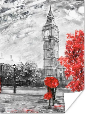 Produktbild von MuchoWow® Poster Gemälde - Big Ben - Rot - Regenschirm 120x160 cm - Wandbilder