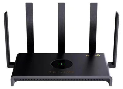 A black router with multiple antennas is shown against a black background.
