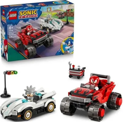 Image de LEGO Sonic the Hedgehog 77118 La Voiture de Silver contre le Monster Truck de Knuckles, Jeu de Construction avec 2 Minifigurines et Boîte à Outils